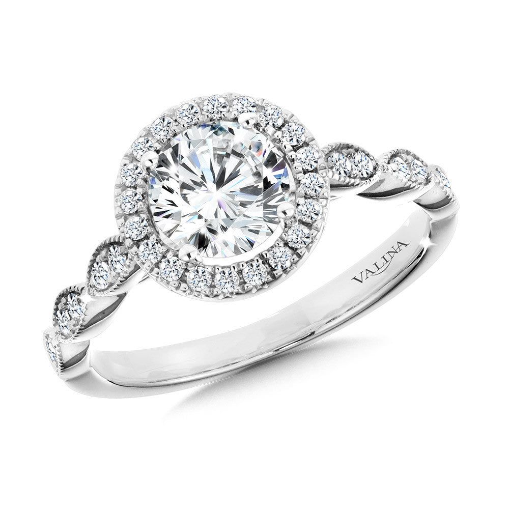 Valina Scalloped & Milgrain-Beaded Round Halo Engagement Ring R1126W-SR