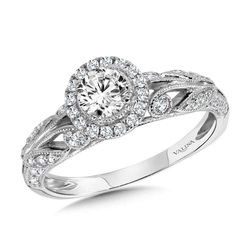 Vintage Milgrain & Filigree Accented Halo Engagement Ring R1170W